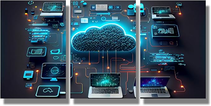 Framed Canvas Wall Art 3 Panels Cloud Technology Computing Smart Home Communication Laptop Pictures Print On Canvas for Bedroom Living Room Wall Decoration Ready to Hang 12x16inchx3