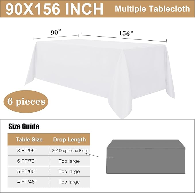 sancua 6 Pack White Tablecloth 90 x 156 Inch - Rectangle Table Cloth for 8 Feet Tables Stain and Wrinkle Resistant Washable Polyester Table Cover for Dining Wedding Banquet Party Buffet Restaurant