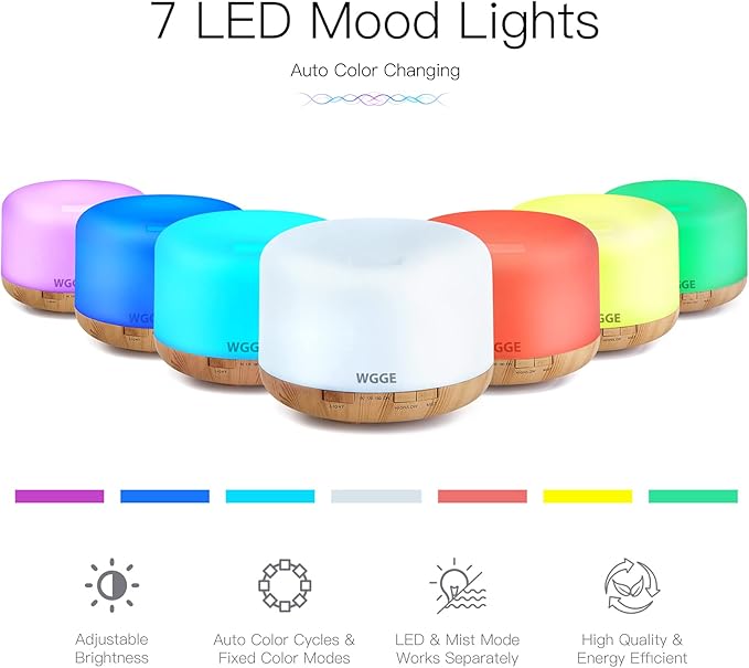 WGGE Essential Oil Diffuser, 500ml Premium Ultrasonic Vaporizer Aromatherapy Diffuser with 7 Color Changing, Timer, and Waterless Auto-Off with Remote Control.
