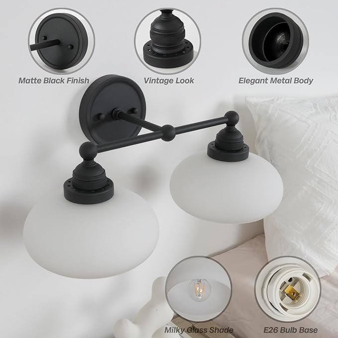 Vintage 2-Lights Sconces Wall Lighting with Milk White Glass Shade, Double Arm Wall Lamp Fixture for Living Room Dining Room Bedroom Hallway