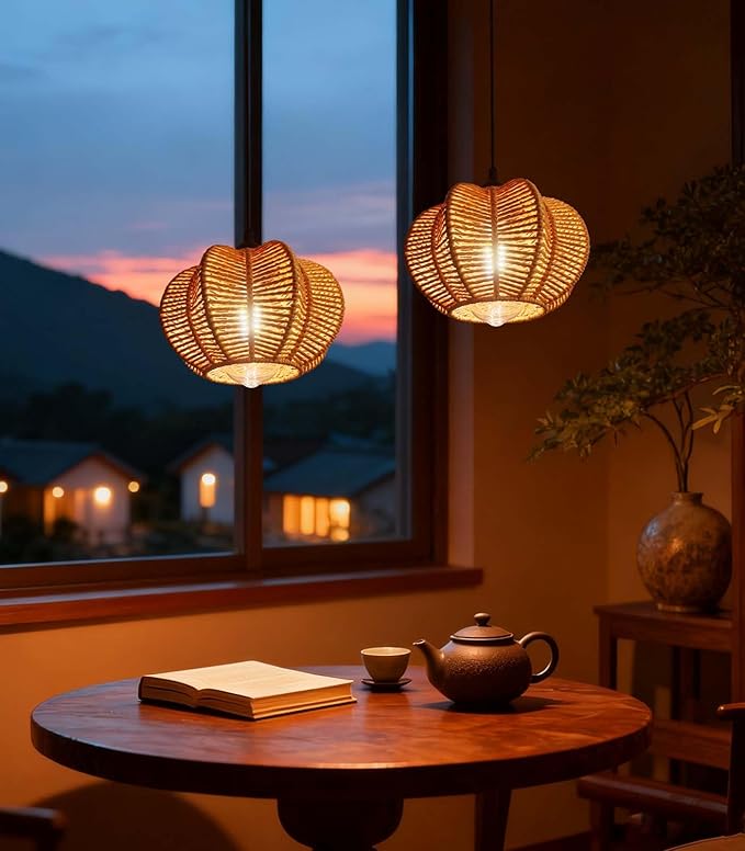 Battery Operated Chandelier Outdoor Waterproof, Gazebo Lights Battery Powered, Boho Rattan Hanging Pendant Light for Porch, Patio, Pergola, Garden, Balcony (2 Pack)