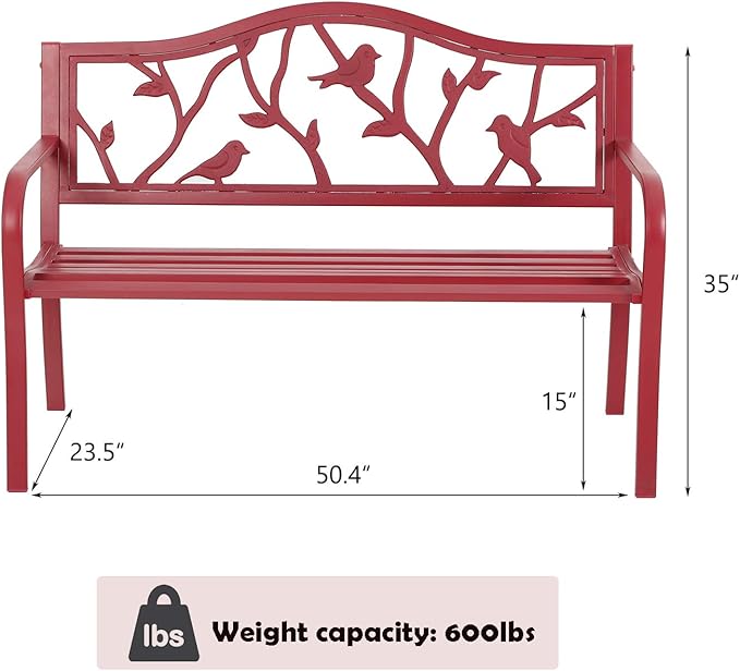 MFSTUDIO 50" Outdoor Red Garden Bench, Steel Metal Frame Patio Park Bench with Bird Pattern Backrest for Porch Backyard Lawn