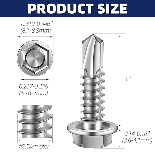 MewuDecor #8 x 1 Hex Washer Head Self Tapping Sheet Metal Screws with Drill Point, Stainless Steel 410, Self Drilling, 100 PCS
