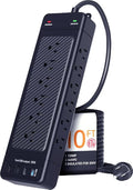 Surge Protector Power Strip/Heavy Duty 10ft Extension Cord with Multiple outlets/High Joules Protection (4800J)/18AC/1875W/15A/Usb A+C(PD20W),Flat Plug,Commercial,Industrial,Office,Home,Black