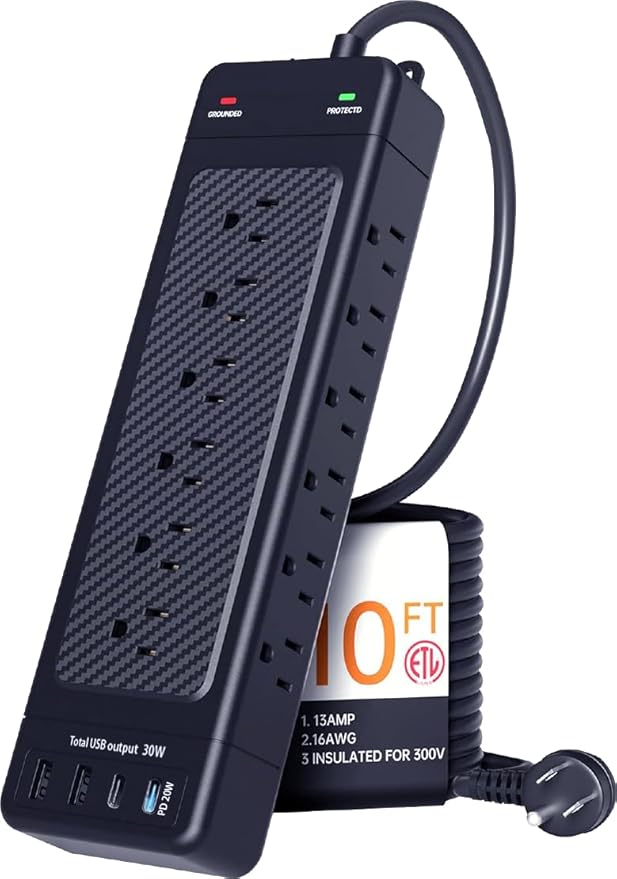 Surge Protector Power Strip/Heavy Duty 10ft Extension Cord with Multiple outlets/High Joules Protection (4800J)/18AC/1875W/15A/Usb A+C(PD20W),Flat Plug,Commercial,Industrial,Office,Home,Black