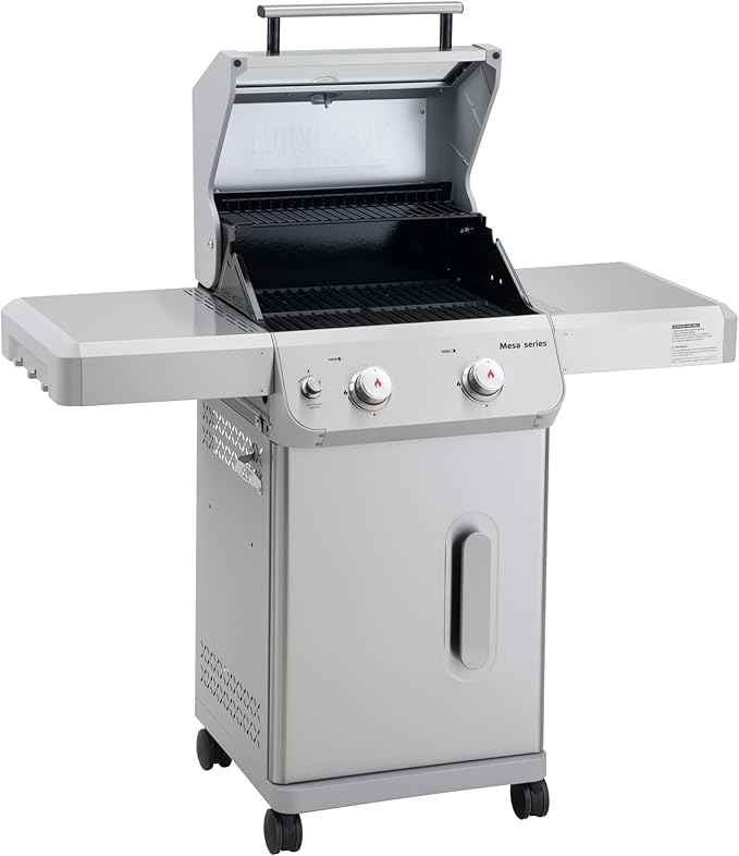 Monument Grills 2-Burner Stainless Steel Liquid Propane Gas Grill, Two Foldable Shelves Patio Garden Barbecue Grill with Clearview® Lid, Knob Control, Mesa200S with BBQ Cover