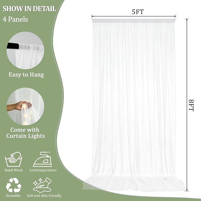 White Tulle Backdrop Curtains with Lights String for Wedding Parties 20×8ft Sheer Backdrop Curtain White Curtain Backdrop for Bridal Baby Shower Birthday Party Room Decoration 5ft×8ft, 4 Panels