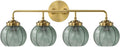 4-Light Vintage Bathroom Vanity Lights – Gold Wall Sconce with Green Glass Shades, Mid Century Modern Art Deco Lighting for Mirror, Living Room, Bedroom