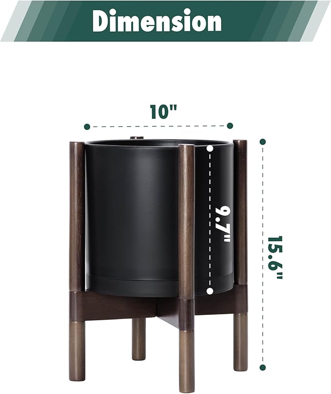 D'vine Dev Planter Pot with Stand - 10 Inch Plastic Cylinder Flower Pot with Wood Planter Holder for Indoor, Matte Black Pot + Walnut Color Stand, 55-C-L-2