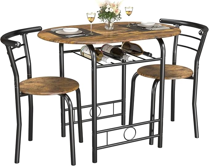 JUMMICO 3-Piece Wooden Round Table & Chair Set, Space Saving Kitchen Breakfast Nook Wood Grain Tabletop with Metal Frame and Built-in Wine Rack for Kitchen, Dining Room (Brown/Black)