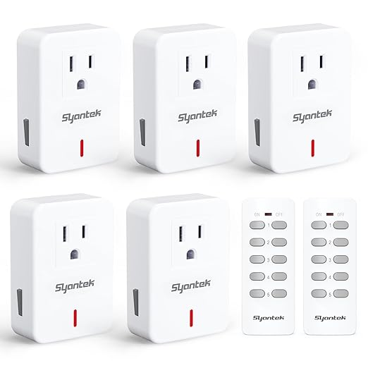 Syantek Remote Control Outlet Wireless Light Switch for Household Appliances, Expandable Remote Light Switch Kit, Up to 100 ft Range, White (5 Outlets + 2 Remotes)
