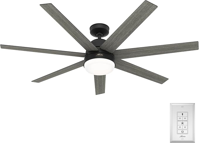 Hunter 60 inch Indoor Ceiling Fan with LED Light and Wall Control - Black Smart Ceiling Fan, Standard Mount, 7 Blades, For Bedroom or Living Room, Quiet - Phenomenon 51376, Matte Black