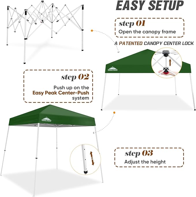 EAGLE PEAK 8x8 Slant Leg Pop-up Canopy Tent Easy One Person Setup Instant Outdoor Beach Canopy Folding Portable Sports Shelter 8x8 Base 6x6 Top (Green)