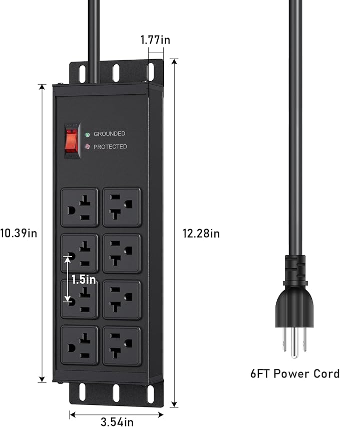 JUNNUJ Heavy Duty 20 Amp Surge Protector 4800J, Garage Metal 8 Outlets 12 Gauge, High Amp 5-15P Adapter Shop 6-20R T-Slot Industrial Outlet, 6 FT Extension Cord Commercial for Appliance
