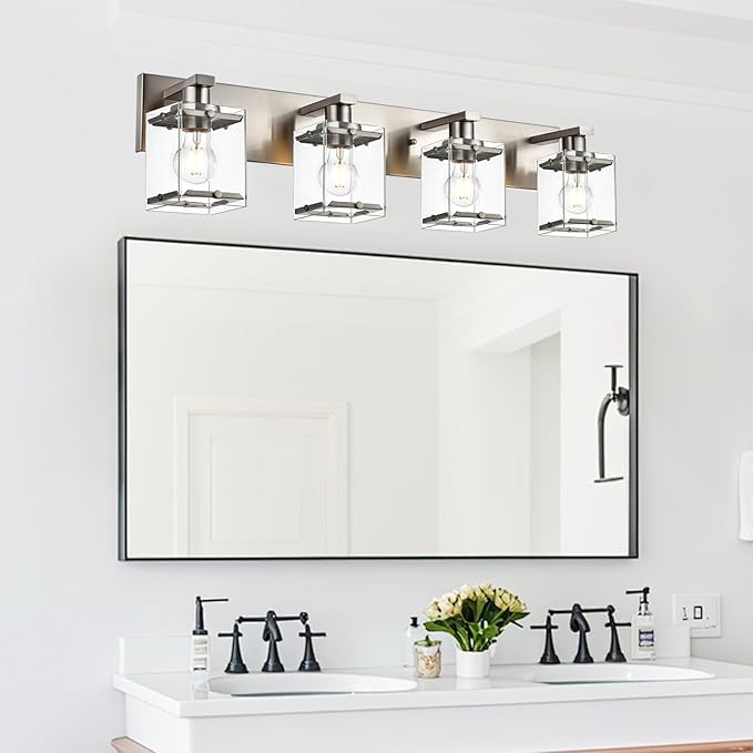 4-Lights Bathroom Vanity Light Fixtures in Brushed Nickel, E26 Socket Wall Sconce Lighting Fixtures with Clear Glass Shades for Over Mirror Bedroom Living Room Cabinet