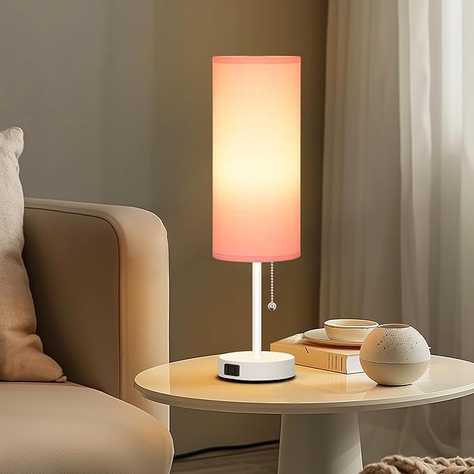 Dott Arts 18" Table Lamp for Bedroom, 3-Color Bedside Lamps with Pull Chain, Bedroom Table Lamps for Nightstand,AC Outlet Small Lamp for Living Room, Bulb Included Pink