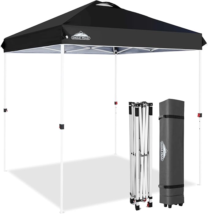 EAGLE PEAK Pop Up Canopy Tent with Wheeled Carry Bag, 8 Stakes, 4 Ropes, Easy Set Up Tent Canopy, 6.6x6.6 ft, Black