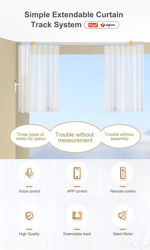 ZigBee Smart Curtain Motor with Retractable Track, Automatic Curtain Opener System 2.5N.m Motorized Drapery Rods Compatible with Alexa/Google Home (1.8-3 meters (70.8-118.1 inches) Adjustable)