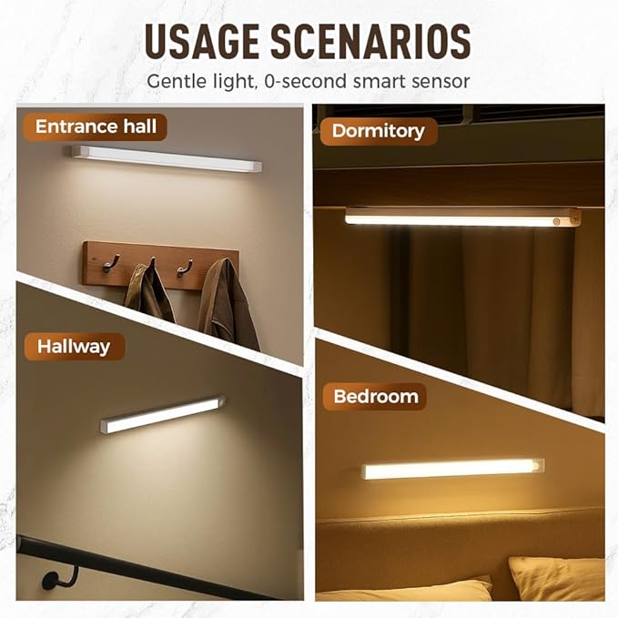 Punch-Free Smart Sensor Magnetic Rechargeable LED Lights, 2026 Upgraded Lntelligent Motion Sensor Light Strip, 3 Colors-Dimmable, Under Cabinet Lighting Wireless (4, White Light, 10cm/3.9in)