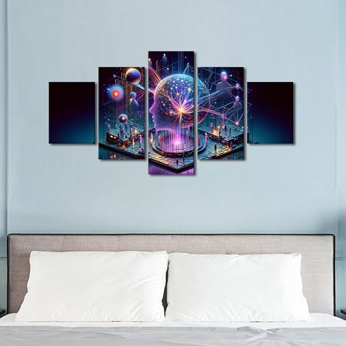 5 Panel Human Brain Artificial Intelligence Picture Wall Decor Neural Network Paintings Canvas Wall Art Framed Modern Home Decor for Living Room Posters and Prints 60" Wx32 H