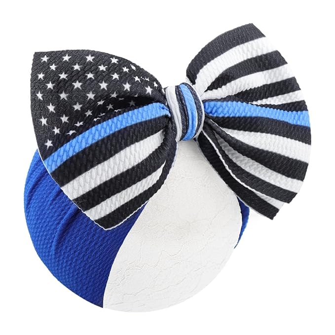 YanJie 7" Baby Girls Headbands National Police Week Hair Bow Blue Line Flag Printed Headbands Police Support Nylon Headband Infant Bows Gift
