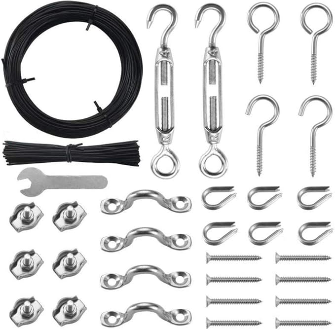 Outdoor Lights Hanging Kit,Globe String Light Suspension Kit,100FT Black Vinyl-Coated 304 Stainless Steel Guide Wire Cable,Include Wire Rope Tension Turnbuckle and Eye Hooks