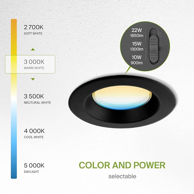 ASD 6 Inch Commercial Canless LED Downlight, Power Adjustable 10/15/22W Lighting, Round Dimmable Recessed Ceiling Light Fixture, 5 Color Temperatures 2700K-5000K, 120-277V IC Rated UL & Energy Star