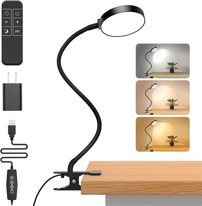 iFalarila Reading Light with Remote, LED Desk Lamp Clip on [1H Timer & Nightlight] RA>95 Dimmable Flexible Gooseneck, Reading Lamp with Clamp for Table - 3.5'' (Adapter Included)