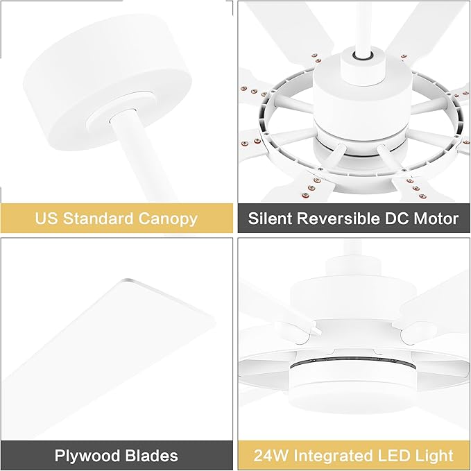 ELEHINSER 80 Inch Ceiling Fan with Lights and 3 Downrods, 8 Plywood Blades, 6-Speed Noiseless Reversible DC Motor, 3CCT, Windmill Ceiling fan for Kitchen Bedroom Living Room, Gloss White