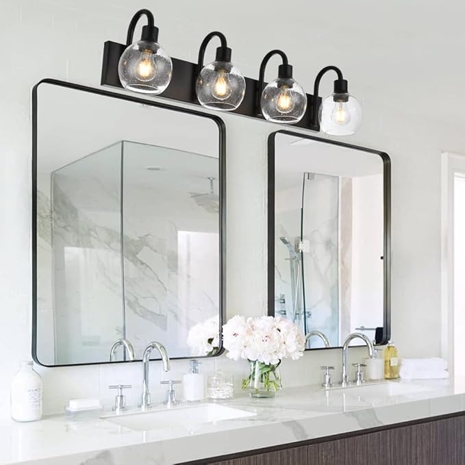 4-Lights Bathroom Vanity Light Fixtures with Seeded Glass Lampshades Black Industrial Wall Lighting for Over Mirror