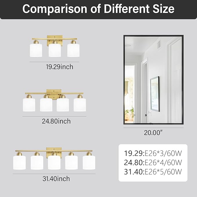 3 Light Gold Bathroom Light Fixtures, Modern Bathroom Vanity Lights with Milky White Frosted Glass Shades, Gold Vanity Mirror with Lights for Mirror Living Room E26 Base