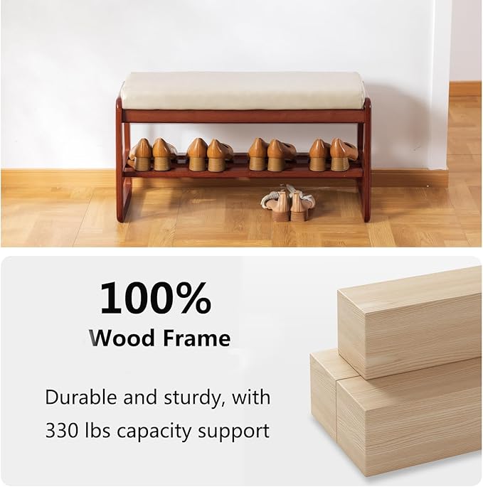 Solid Wood Shoe Bench, 2-Tier Wooden Entryway Bench, Modern Shoe Rack with Faux Leather Cushion for Hallway, Living Room (Gray, 31.5'')