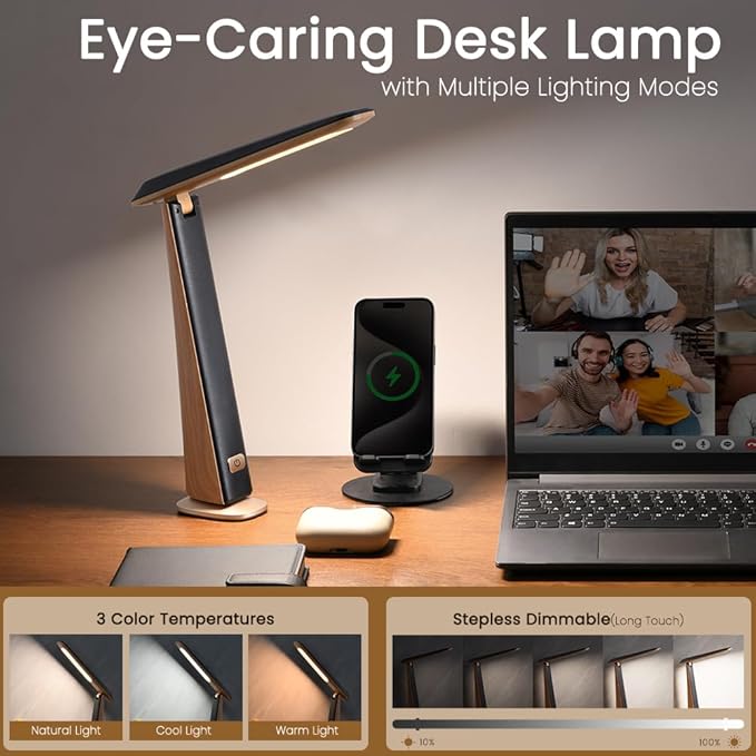 WILIT Foldable Portable Desk Lamp,Battery Operated Rechargeable Lamps Cordless,Eye-Caring LED Table Lamp with 3 Color Temperatures,Stepless Brightness,Desk Lamps for Office Home College Essentials