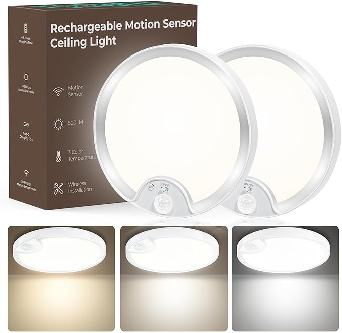 TOOWELL Rechargeable Motion Sensor Ceiling Light: Closet Lights Motion Sensored, Battery Operated Shower Light for Closet Shower Bathroom Pantry Porch 500LM, No Wired, 2 Pack