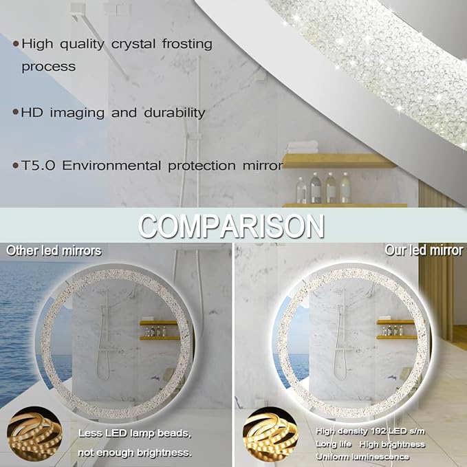 THEKLA 24 Inch Bathroom Crystal LED Round Mirror with Lights Memory 3 Color Dimmable Crystal AntiFog Round Lighted Vanity Mirror for Bathroom Wall 24" Diamond Circle Light up Vanity Mirror with Lights