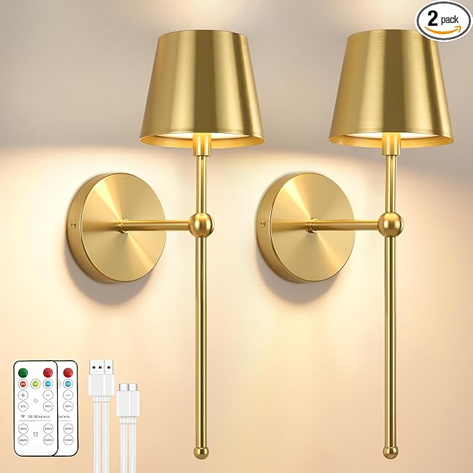 TaoFiaCo Battery Operated Wall Sconces Set of 2, Wireless Wall Sconce with Remote Dimmable Timer, Rechargeable 5200mAh, Cordless Gold Wall Light for Bedroom Living Room, Hallway, Light Decor