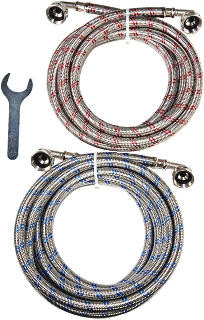 Washing Machine Hoses (8 FT) - Double 90° Elbow to Fit Tight Spaces - OCTAGON Connections for Easy & Secure Tightening - Burst Proof Water Supply Line (2 Pack) - Universal Fit to All Wash Machines