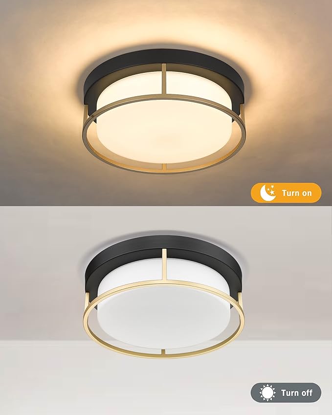 CALDION LED Modern Ceiling Light Fixture, 12 Inch 24W 1100Lumens Flush Mount Ceiling Lamp, Dimmable 3000K Matte Black Finish Gold Metal Frame with Frosted Glass Cover Close to Ceiling Light