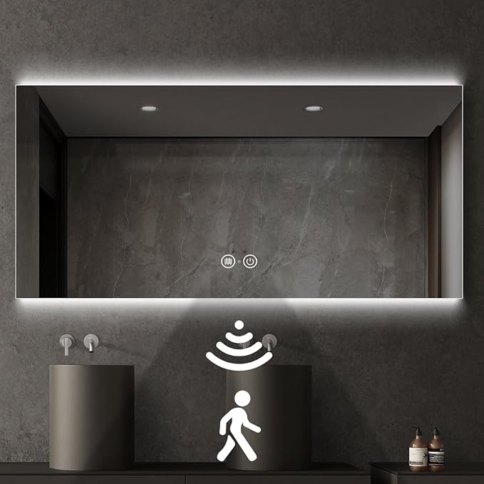 36" H x 60" W LED Bathroom Mirror, Infrared Motion Sensor Vanity Mirror with 3-Color Top & Bottom Backlit Lights, Stepless Dimmable Wall Mirror with Anti-Fog, Rectangular, UL-Listed