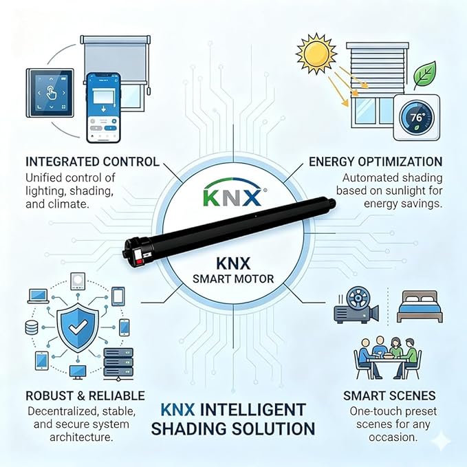KNX Smart Tubular Motor 120V, Heavy Duty Electric Roller Shade Engine, Wired Automation Blind Drive, 433MHz Remote, Quiet Lift for Wood Blinds & Screens (20 N.m for Φ55mm （2-1/8") Octagonal Tube
