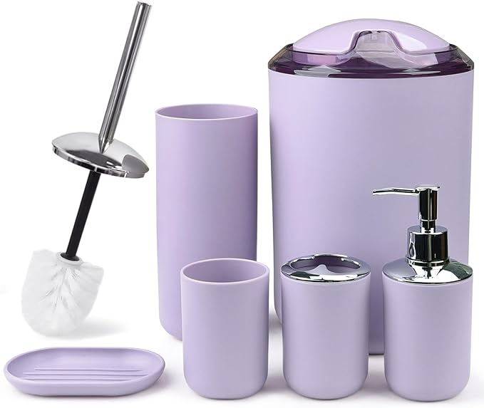 CERBIOR Bathroom Accessories Set 6 Piece Bath Ensemble Includes Soap Dispenser, Toothbrush Holder, Toothbrush Cup, Soap Dish for Decorative Countertop and Housewarming Gift (Purple)