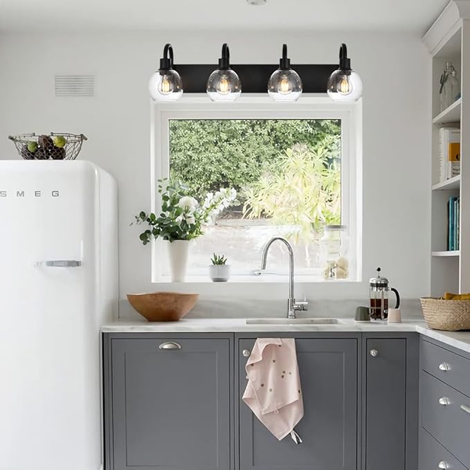 4-Lights Bathroom Vanity Light Fixtures with Seeded Glass Lampshades Black Industrial Wall Lighting for Over Mirror