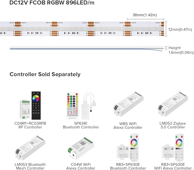 BTF-LIGHTING FCOB COB LED Strip RGBW 3000K 896LED/m 9.8FT DC12V Color Changing Flexible High Density Uniform Light 12mm Width for Home Indoor Decoration(No Adapter or Controller)