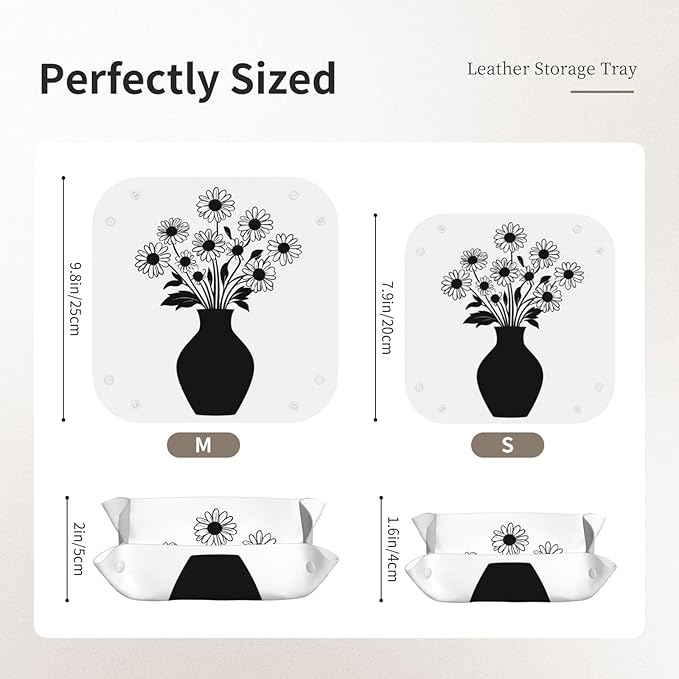 Vase of Daisies Simple Black Minimal Valet Tray Leather Desktop Storage Organizer Bedside for Jewelry Keys Coin Candy Sundries