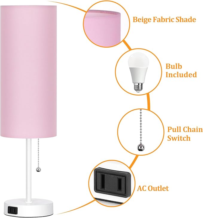 Dott Arts 18" Table Lamp for Bedroom, 3-Color Bedside Lamps with Pull Chain, Bedroom Table Lamps for Nightstand,AC Outlet Small Lamp for Living Room, Bulb Included Pink