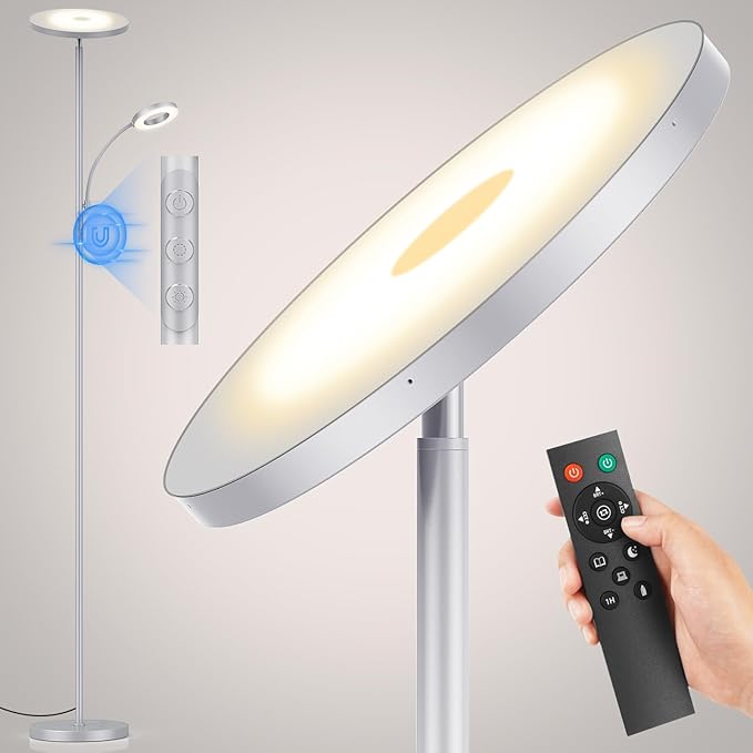 Silver Gray Floor Lamp, 42W 4000LM Super Bright LED Lamp with Reading Light for Living Room Bedroom Office, Dimmable Standing Lamp with Remote & Touch Control