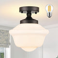 Bagood 8" Schoolhouse Light Fixtures Ceiling Black Schoolhouse Lights Fixture Mid Century Light Fixtures Milk Glass Lights Fixture Semi Flush Mount Ceiling for Bathroom Kitchen (Bulb Incl.)