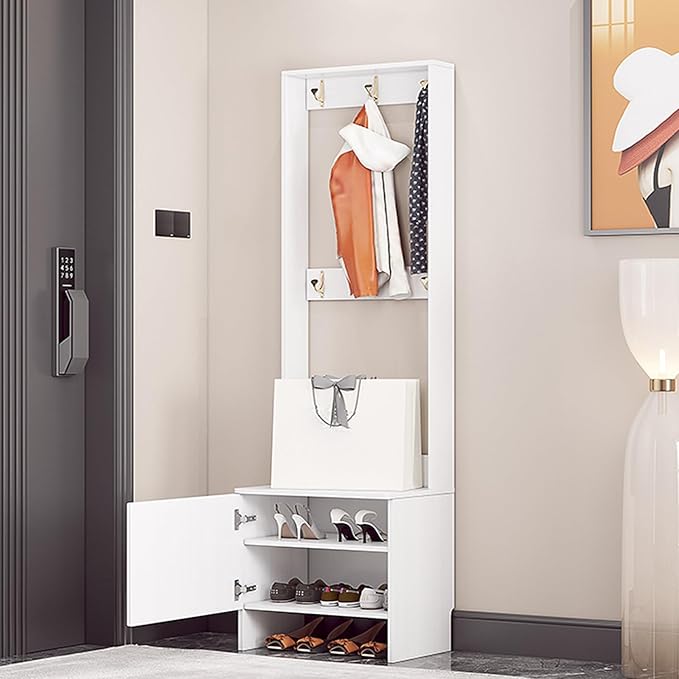 Modern Coat Rack Shoe Bench, 3 in 1 Multifunctional Entryway Organizer with Bench, Shoe Storage and Coat Rack, Entryway Organizer for Small Spaces(White,60cm/24in)