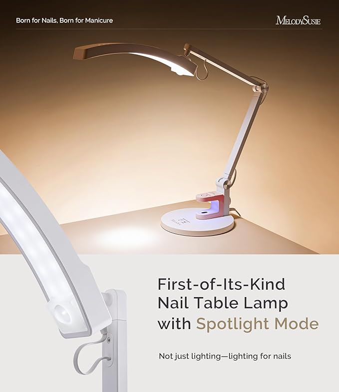 MelodySusie LED Manicure Table Lamp for Nail Techs, S-Pro29G Professional Nail Desk Light with Magnetic UV Curing Lamp, Adjustable Arm, Dimmable Brightness & 3 Color Temps for Gel Nails & Nail Art