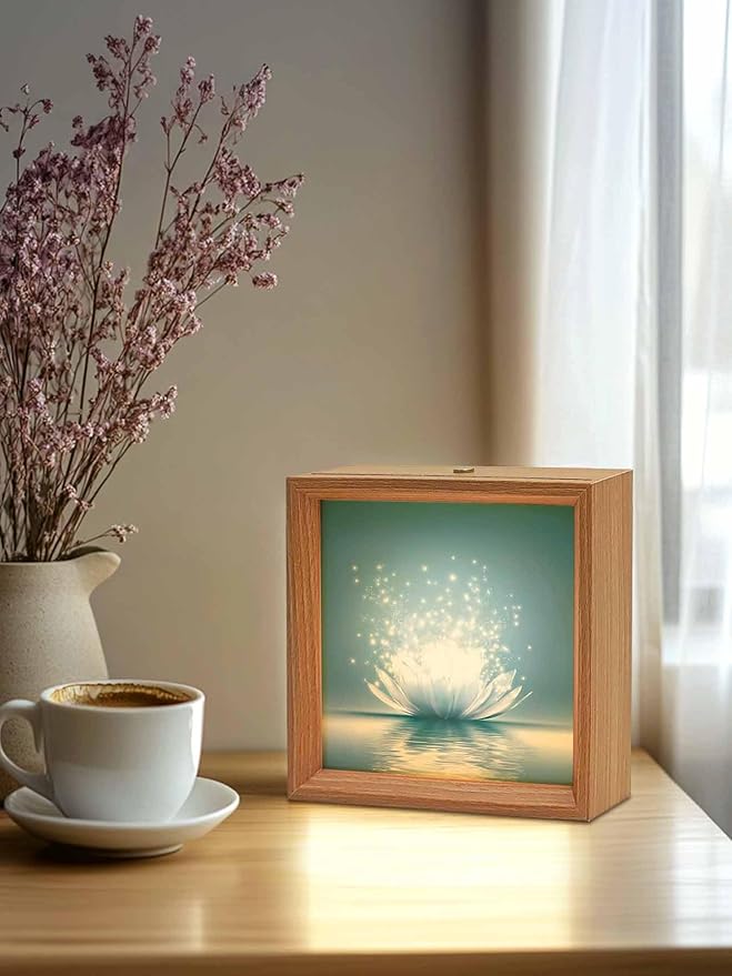 Wood Night Light Box 4.5x4.5in,Meditation Lotus Flower Table Lights Wooden Picture Frame with USB Rechargeable Touch LED Lights for Home Decor Desktop Display,Asian Zen Spiritual
